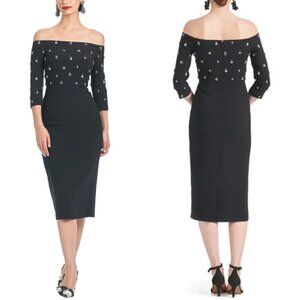 NEW $695 Sachin & Babi Size 2 Black Jeweled Off The Shoulder Midi Cocktail Dress